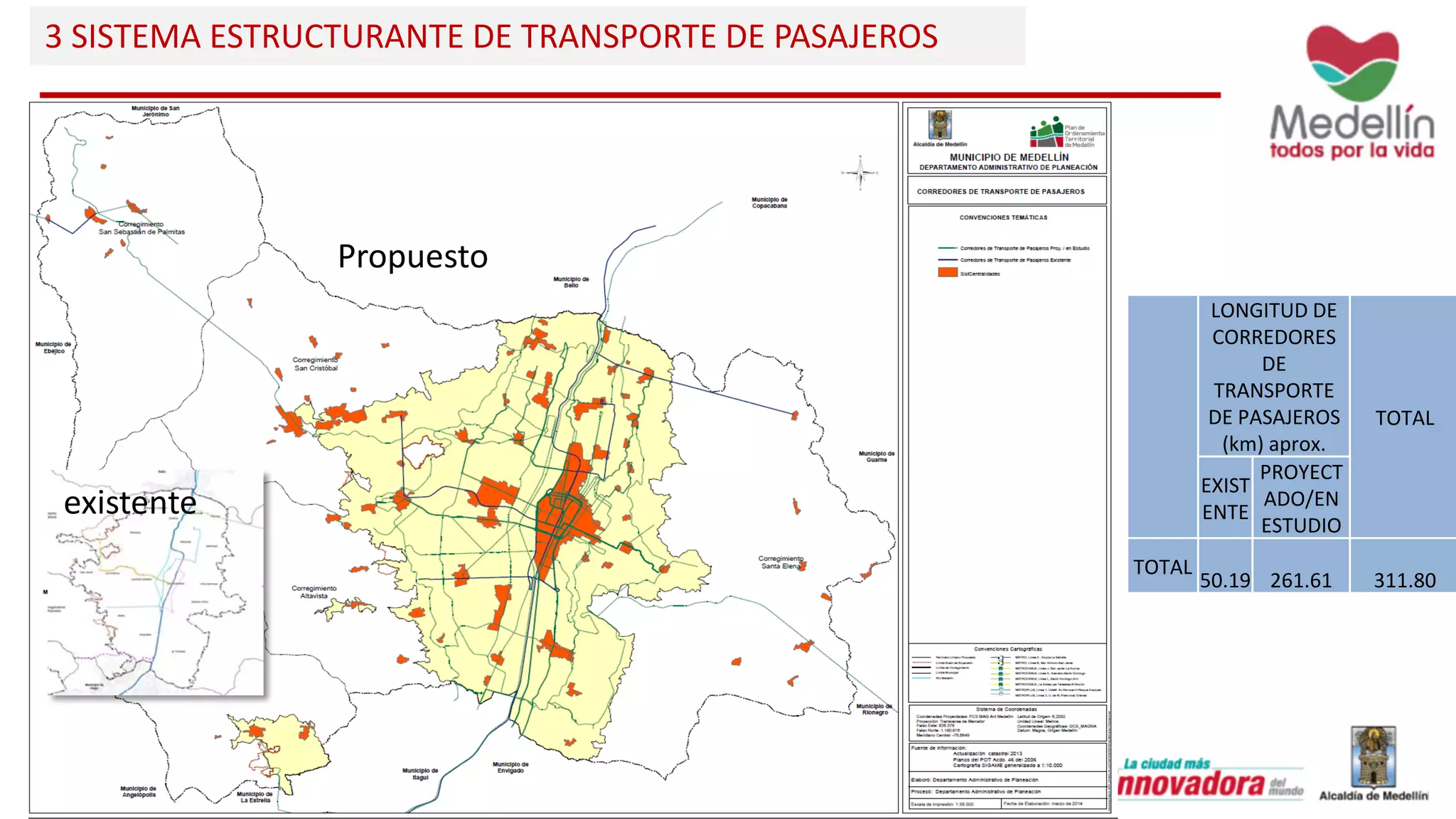 existente
Propuesto
3 SISTEMA ESTRUCTURANTE DE TRANSPORTE DE PASAJEROS
LONGITUD DE
CORREDORES
DE
TRANSPORTE
DE PASAJEROS
(km) aprox.
TOTAL
EXIST
ENTE
PROYECT
ADO/EN
ESTUDIO
TOTAL
50.19 261.61 311.80
 