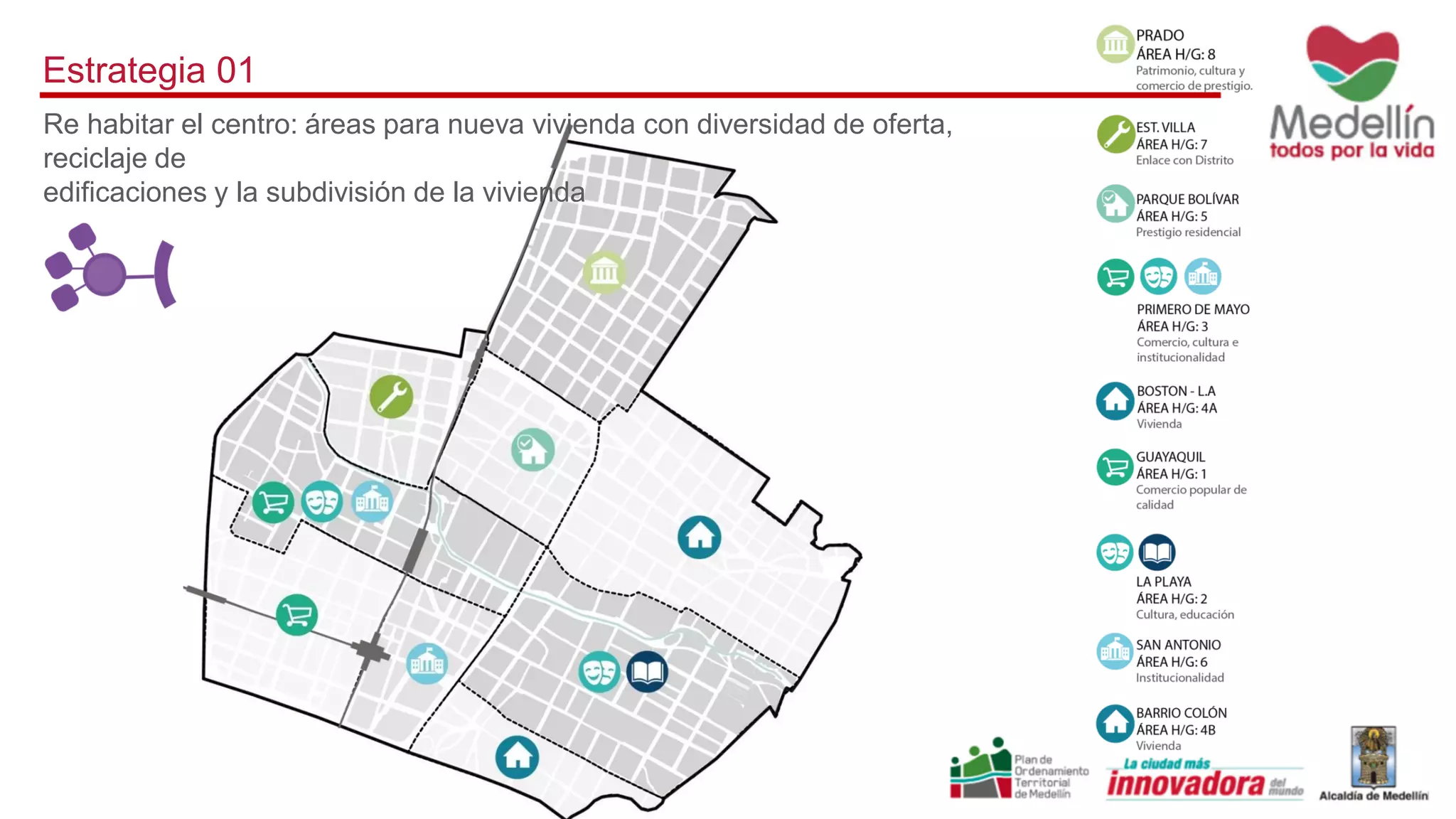 Estrategia 01
Re habitar el centro: áreas para nueva vivienda con diversidad de oferta,
reciclaje de
edificaciones y la subdivisión de la vivienda
 