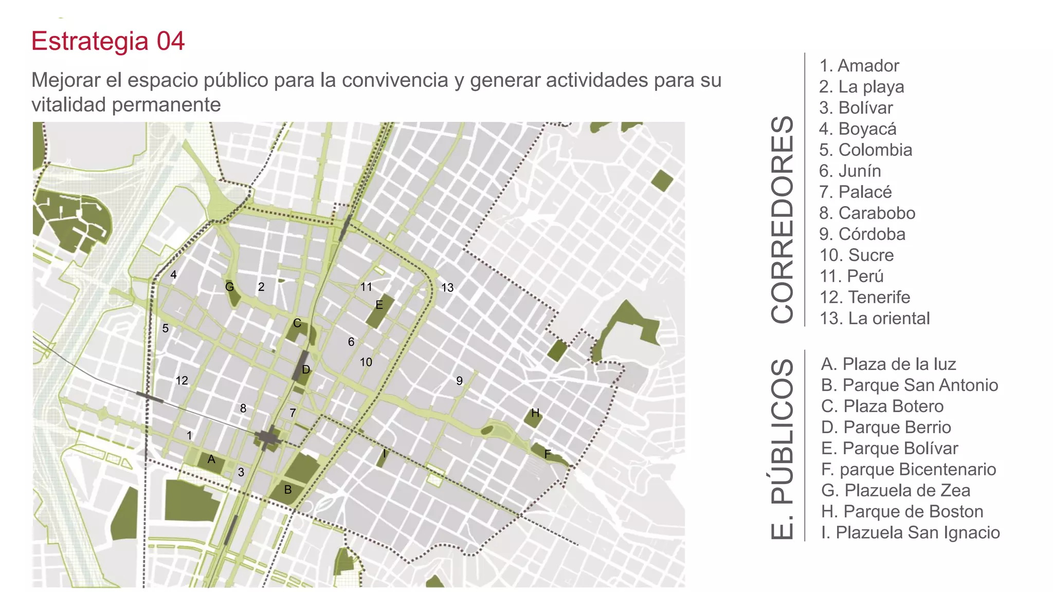 1
2
3
4
5
6
78
9
10
11
12
A
B
C
D
E
F
G
H
I
13
Estrategia 04
Mejorar el espacio público para la convivencia y generar actividades para su
vitalidad permanente
1. Amador
2. La playa
3. Bolívar
4. Boyacá
5. Colombia
6. Junín
7. Palacé
8. Carabobo
9. Córdoba
10. Sucre
11. Perú
12. Tenerife
13. La oriental
A. Plaza de la luz
B. Parque San Antonio
C. Plaza Botero
D. Parque Berrio
E. Parque Bolívar
F. parque Bicentenario
G. Plazuela de Zea
H. Parque de Boston
I. Plazuela San Ignacio
CORREDORESE.PÚBLICOS
 