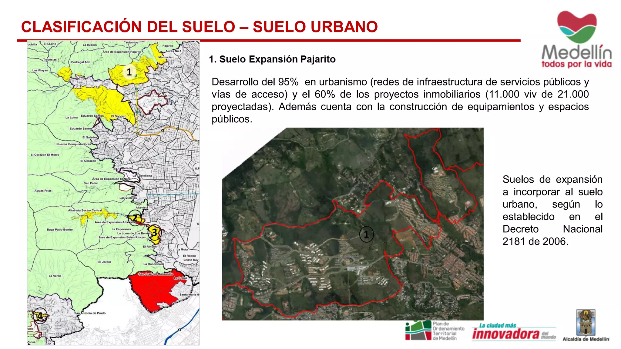 CLASIFICACIÓN DEL SUELO – SUELO URBANO
Desarrollo del 95% en urbanismo (redes de infraestructura de servicios públicos y
vías de acceso) y el 60% de los proyectos inmobiliarios (11.000 viv de 21.000
proyectadas). Además cuenta con la construcción de equipamientos y espacios
públicos.
Suelos de expansión
a incorporar al suelo
urbano, según lo
establecido en el
Decreto Nacional
2181 de 2006.
 
