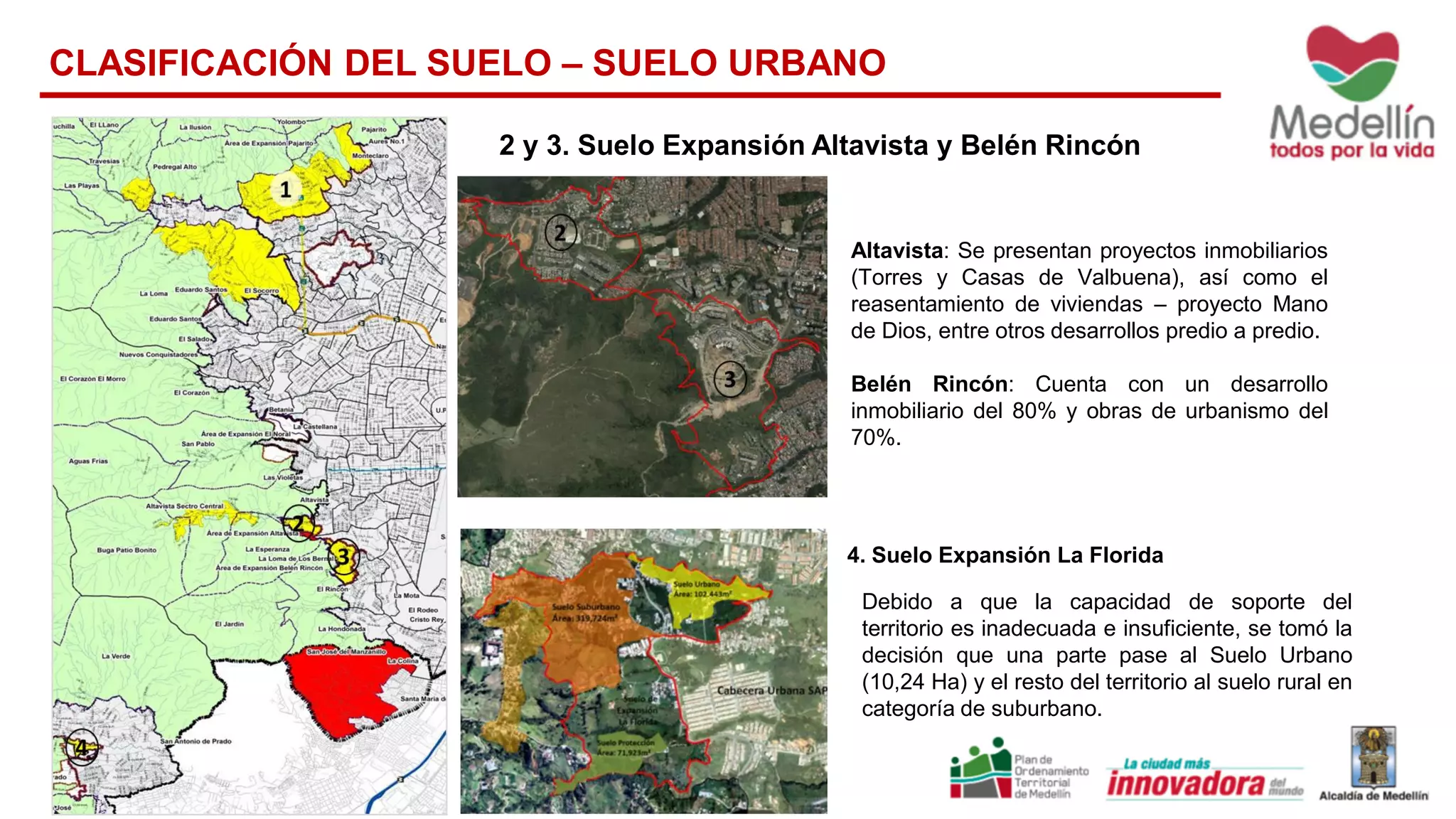 CLASIFICACIÓN DEL SUELO – SUELO URBANO
Altavista: Se presentan proyectos inmobiliarios
(Torres y Casas de Valbuena), así como el
reasentamiento de viviendas – proyecto Mano
de Dios, entre otros desarrollos predio a predio.
Belén Rincón: Cuenta con un desarrollo
inmobiliario del 80% y obras de urbanismo del
70%.
4. Suelo Expansión La Florida
Debido a que la capacidad de soporte del
territorio es inadecuada e insuficiente, se tomó la
decisión que una parte pase al Suelo Urbano
(10,24 Ha) y el resto del territorio al suelo rural en
categoría de suburbano.
2 y 3. Suelo Expansión Altavista y Belén Rincón
 