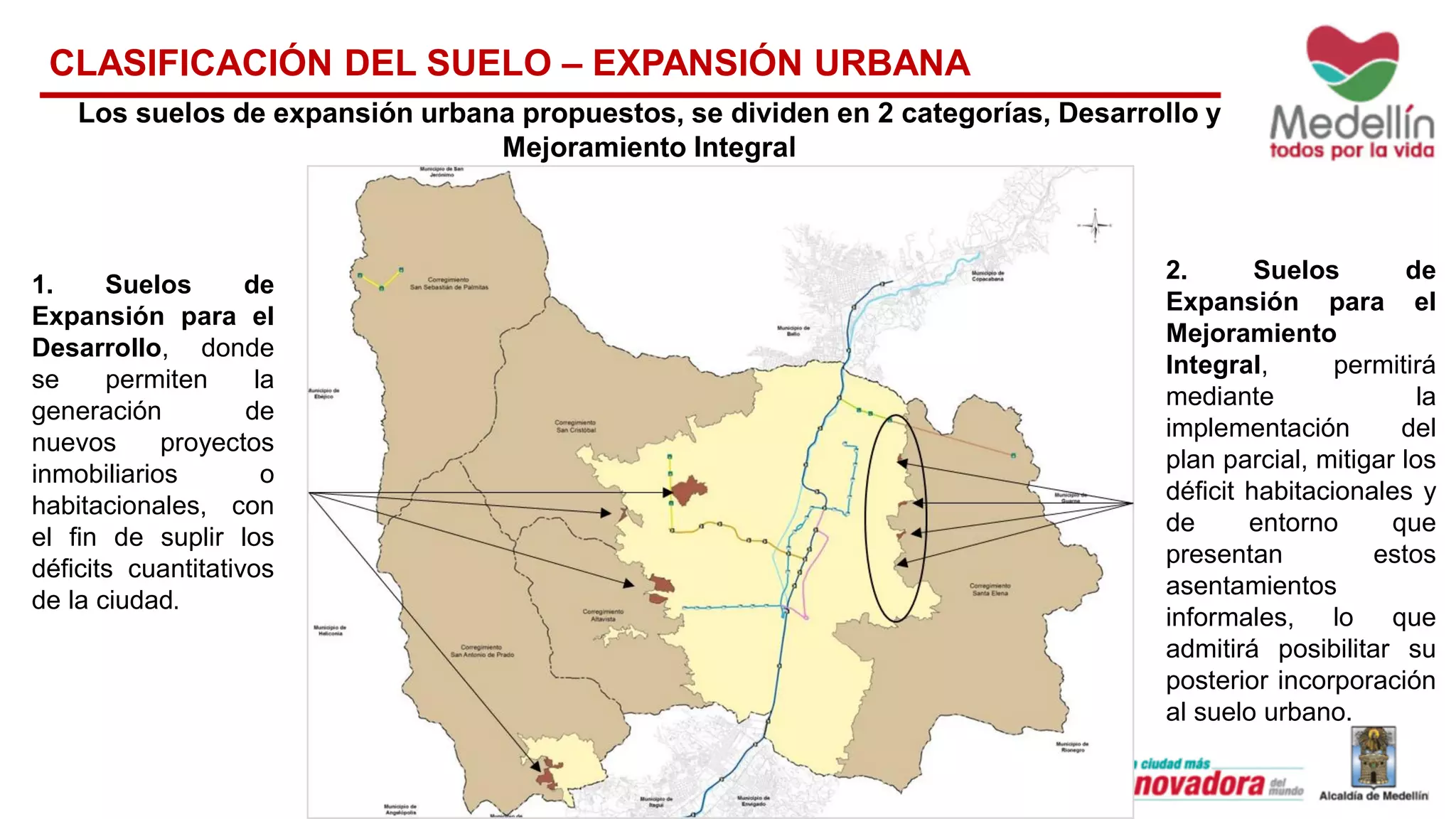 CLASIFICACIÓN DEL SUELO – EXPANSIÓN URBANA
Los suelos de expansión urbana propuestos, se dividen en 2 categorías, Desarrollo y
Mejoramiento Integral
1. Suelos de
Expansión para el
Desarrollo, donde
se permiten la
generación de
nuevos proyectos
inmobiliarios o
habitacionales, con
el fin de suplir los
déficits cuantitativos
de la ciudad.
2. Suelos de
Expansión para el
Mejoramiento
Integral, permitirá
mediante la
implementación del
plan parcial, mitigar los
déficit habitacionales y
de entorno que
presentan estos
asentamientos
informales, lo que
admitirá posibilitar su
posterior incorporación
al suelo urbano.
 