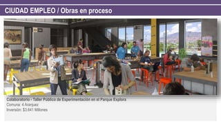 CIUDAD EMPLEO / Obras en proceso
Colaboratorio - Taller Público de Experimentación en el Parque Explora
Comuna: 4 Aranjuez
Inversión: $3.641 Millones
 