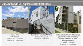 CIUDAD SEGURA / Algunas obras finalizadas
Museo Casa
de la Memoria
Comuna: 10 La Candelaria
Inversión: $15.395 Millones
Subestación de Policía AltaVista
Comuna: 70 Altavista
Inversión: $3.613 Millones
Centro de Rehabilitación Militar para el
personal lesionado, afectado y
mutilado por acción de Minas
Antipersona (MAP)
Comuna: 11 Laureles
Inversión: $1.500 Millones
 