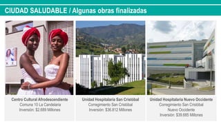 CIUDAD SALUDABLE / Algunas obras finalizadas
Centro Cultural Afrodescendiente
Comuna 10 La Candelaria
Inversión: $2.689 Millones
Unidad Hospitalaria San Cristóbal
Corregimiento San Cristóbal
Inversión: $36.812 Millones
Unidad Hospitalaria Nuevo Occidente
Corregimiento San Cristóbal
Nuevo Occidente
Inversión: $39.685 Millones
 