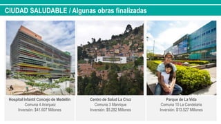 CIUDAD SALUDABLE / Algunas obras finalizadas
Hospital Infantil Concejo de Medellín
Comuna 4 Aranjuez
Inversión: $41.607 Millones
Centro de Salud La Cruz
Comuna 3 Manrique
Inversión: $5.282 Millones
Parque de La Vida
Comuna 10 La Candelaria
Inversión: $13.527 Millones
 