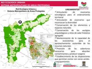 RED ECOLOGICA URBANA 
SISTEMA METROPOLITANO DE AREAS PROTEGIDAS 
LINEAMIENTOS 
Articulación de escenarios 
estratégicos para el ordenamiento 
territorial 
Articulación de escenarios que 
reconozcan la diversidad 
Conservación de los elementos y 
espacios naturales 
Conservación de los vestigios 
arqueológicos y sitios de valor histórico 
agregado 
Mantenimiento de la capacidad de 
los ecosistemas para el 
aprovechamiento sostenible de los 
recursos naturales 
Previsión de las coberturas 
necesarias para absorber 
contaminantes y producir oxigeno 
Establecimiento de las disposiciones 
que permitan contar con zonas verdes 
y equipamientos 
 