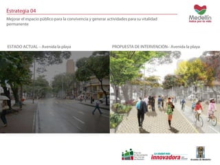 Estrategia 04 
Mejorar el espacio público para la convivencia y generar actividades para su vitalidad 
permanente 
ESTADO ACTUAL – Avenida la playa PROPUESTA DE INTERVENCIÓN– Avenida la playa 
 