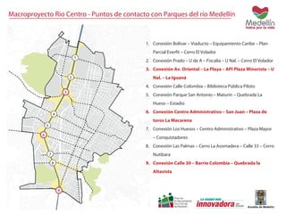 Macroproyecto Rio Centro - Puntos de contacto con Parques del río Medellín 
1. Conexión Bolívar – Viaducto – Equipamiento Caribe – Plan 
Parcial Everfit – Cerro El Volador 
2. Conexión Prado – U de A – Fiscalía – U Nal. – Cerro El Volador 
3. Conexión Av. Oriental – La Playa – API Plaza Minorista – U 
Nal. – La Iguaná 
4. Conexión Calle Colombia – Biblioteca Pública Piloto 
5. Conexión Parque San Antonio – Maturín – Quebrada La 
Hueso – Estadio 
6. Conexión Centro Administrativo – San Juan – Plaza de 
toros La Macarena 
7. Conexión Los Huesos – Centro Administrativo – Plaza Mayor 
– Conquistadores 
8. Conexión Las Palmas – Cerro La Asomadera – Calle 33 – Cerro 
Nutibara 
9. Conexión Calle 30 – Barrio Colombia – Quebrada la 
Altavista 
 