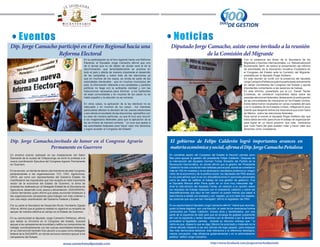 Eventos                                                                                                                    Noticias
Dip. Jorge Camacho participó en el Foro Regional hacia una                                                                      Diputado Jorge Camacho, asiste como invitado a la reunión
                   Reforma Electoral                                                                                                           de la Comisión del Migrante
                                                                En su participación en el foro regional hacia una Reforma                                                                        Con la presencia del titular de la Secretaría de los
                                                                Electoral, el Diputado Jorge Camacho afirmó que uno                                                                              Migrantes y Asuntos Internacionales, Lic. Netzahualcoyotl
                                                                de lo temas que no de deben de olvidar será el de la                                                                             Bustamante Santi, se realizó la presentación del informe
                                                                discriminación, que lamentablemente se practica en                                                                               de actividades de la Asociación Iniciativa Ciudadana en
                                                                todo el país y afecta de manera importante el desarrollo                                                                         el Congreso del Estado ante la Comisión del Migrante,
                                                                de las campañas y sobre todo de las elecciones ya                                                                                presidida por el diputado Roger Arellano.
                                                                que en muchos de los casos, se olvida de parte de las                                                                            En esta reunión se contó con la presencia del diputado
                                                                autoridades electorales , que en muchos municipios del                                                                           Jorge Camacho Peñaloza quién ha participado activamente
                                                                país, la información referente a los candidatos y partidos                                                                       en varias Comisiones del Congreso del Estado y aporta
                                                                políticos no llega con la suficiente claridad y con las                                                                          importantes comentarios a las sesiones de trabajo.
                                                                traducciones necesarias para informar a los habitantes                                                                           En este informe, presentado por el Lic. Daniel Tacher
                                                                de esas comunidades y en muchos de los casos no se                                                                               Contreras, se ventilaron importantes datos sobre las
                                                                habla español y la elección no es correcta.                                                                                      pasadas elecciones federales, destacando la participación
                                                                                                                                                                                                 de las comunidades de mexicanos en los Estado Unidos.
                                                                En otros casos, la aplicación de la ley electoral no es                                                                          Estos datos fueron recabados en varias ciudades del país
                                                                adecuada y en muchos de los casos , los intereses                                                                                y en 5 ciudades de los Estados Unidos, reflejando el poco
                                                                particulares afectan la decisión de los Jueces electorares                                                                       interés que despertó entres los mexicanos que viven fuera
                                                                y eso afecta el resultado de las elecciones, ejemplifico con                                                                     de México sobre las elecciones federales.
                                                                su caso de manera particular, ya que él tuvo que recurrir                                                                        Para cerrar el evento el diputado Roger Arellano dijo que
                                                                a los magistrados federales para que la aplicación de la                                                                         estos datos servirán para iniciar el trabajo de organización
                                                                ley se hiciera de manera correcta, ” yo tuve que apelar a                                                                        para lograr en un futuro próximo, que más mexicanos
                                                                las autoridades federales para hacer valer mis derechos                                                                          que viven fuera del país pueden votar y hacer valer sus
                                                                y lograr acceder al Congreso del Estado”.                                                                                        derechos como ciudadanos.



Dip. Jorge Camacho,invitado de honor en el Congreso Agrario                                                                    El gobierno de Felipe Calderón logró importantes avances en
                 Permanente en Guerrero                                                                                        materia económica y social, afirma el Dip. Jorge Camacho Peñaloza
En emotivo evento realizado en las instalaciones del Salón                                                                     En candente sesión del Congreso del Estado la fracción panista cerro
Diamante de la ciudad de Chilpancingo se tomó la protesta a la                                                                 filas para apoyar la gestión del presidente Felipe Calderón. Después de
nueva coordinación Ejecutiva del Congreso Agrario Permanente                                                                   la intervención del diputado Germán Farías Silvestre del Partido de la
en Guerrero.                                                                                                                   Revolución Democrática, en donde afirmó que la gestión del Presidente
                                                                                                                               Calderón ha sido una de las más nefastas para el país, donde se cometieron
En la reunión, en donde se dieron cita miembros de este Congreso                                                               más de 100 mil muertes y no se alcanzaron resultados positivos en ningún
pertenecientes a las organizaciones: CCI. CNC, Agrónomos,                                                                      rubro de la economía y de la política social, los diputados del PAN alzaron
UNTA, así como con representantes del Gobierno Estatal, Se                                                                     la voz para afirmar que no es con descalificaciones ni opiniones personales
manifestaron las inquietudes que han surgido en este importante                                                                como se debe de calificar el trabajo de una gestión de gobierno. Fue
sector de la economía del Estado de Guerrero, la toma de                                                                       el Diputado Marcos efrén Parra quién en un tono muy mesurado dijo ”
protesta fue realizada por el Delegado Estatal de la Secretaria de                                                             Ante la intervención del diputado Farías, en relación a su opinión sobre
Agricultura, desarrollo rural, pesca y alimentación. (SAGARAPA),                                                               los resultado del trabajo realizado por el presidente calderón y sobre las
Carlos Hernández quién afirmó que estas reuniones fortalecen a                                                                 descalificaciones que aquí se han usaron no puedo menos que pasar a
las organizaciones campesinas para trabajar con más ordenen y                                                                  esta tribuna a refutar con energía y con respeto, yo si lo haré con respeto,
con una mejor coordinación del Gobierno Federal y Estatal.                                                                     las posturas que aquí se han manejado” afirmó el legislador del PAN.

Por su parte el Secretario de Desarrollo Rural, Humberto Zapata                                                                En su oportunidad el diputado Jorge Camacho afirmó ” habrá que recordar,
Añorve, afirmó que el gobierno estatal no cejará en su empeño de                                                               quién lo llama ilegitimo, son una fracción, el resto de los mexicanos fuimos
apoyar de manera efectiva al campo en el Estado de Guerrero.                                                                   conducidos por Felipe Calderón, incluso ellos y beneficiados, son una
                                                                                                                               parte de la izquierda de este país que se encarga de golpear justamente
En su oportunidad el diputado Jorge Camacho Peñaloza, afirmó                                                                   ahí con la izquierda y recibir beneficios con la derecha o por la derecha”
que desde su trinchera en el Congreso del Estado, buscará                                                                      puntualizó el legislador panista; durante su discurso subrayo que ” lo
apoyar a los campesinos de la entidad y ratifico su compromiso de                                                              cierto es que, dígase lo que se diga, México ha avanzado y mejorado en la
trabajar coordinadamente con las nuevas autoridades federales;                                                                 última década respecto a las dos últimas del siglo pasado, para empezar
en su intervención también hizo alución a su paso como delegado                                                                hay más democracia electoral, total tolerancia a la diferencia ideológica,
federal de la SAGARPA, en donde se busco siempre apoyar a los                                                                  menos corrupción, más eficiencia gubernamental y en la administración
campesinos del Estado.                                                                                                         pública” ratificó Jorge Camacho.

                                              www.camachotudiputado.com                                                                                            http://www.facebook.com/jorgecamachodiputado
 