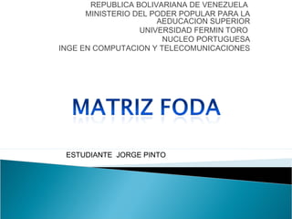 REPUBLICA BOLIVARIANA DE VENEZUELA
MINISTERIO DEL PODER POPULAR PARA LA
AEDUCACION SUPERIOR
UNIVERSIDAD FERMIN TORO
NUCLEO PORTUGUESA
INGE EN COMPUTACION Y TELECOMUNICACIONES
ESTUDIANTE JORGE PINTO
 