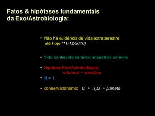 Não há evidência de vida extraterrestre    até hoje   (11/12/2010) Fatos & hipóteses fundamentais  da Exo/Astrobiologia: Vida conhecida na terra: ancestrais comuns Hipótese Exo/Astrobiológica:    refutável = cientifica N = 1 conservadorismo :  C  +  H 2 O  + planeta 