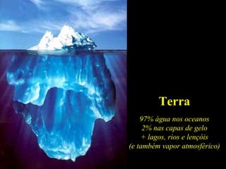 Terra 97% água nos oceanos 2% nas capas de gelo + lagos, rios e lençóis (e também vapor atmosférico) 