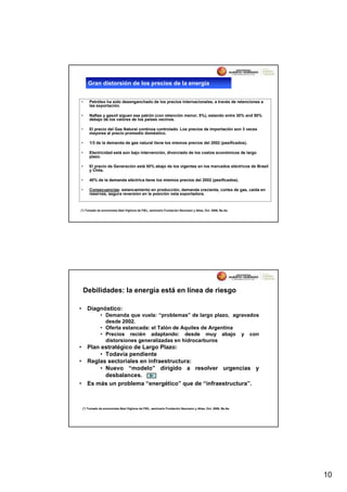 Gran distorsión de los precios de la energía


    •    Petróleo ha sido desenganchado de los precios internacionales, a través de retenciones a
         las exportación.

    •    Naftas y gasoil siguen ese patrón (con retención menor, 5%), estando entre 30% and 50%
         debajo de los valores de los países vecinos.

    •    El precio del Gas Natural continúa controlado. Los precios de importación son 3 veces
         mayores al precio promedio doméstico.

    •    1/3 de la demanda de gas natural tiene los mismos precios del 2002 (pesificados).

    •    Electricidad está aún bajo intervención, divorciado de los costos económicos de largo
         plazo.

    •    El precio de Generación está 50% abajo de los vigentes en los mercados eléctricos de Brasil
         y Chile.

    •    40% de la demanda eléctrica tiene los mismos precios del 2002 (pesificados).

    •    Consecuencias: estancamiento en producción, demanda creciente, cortes de gas, caída en
         reservas, segura reversión en la posición neta exportadora.



(*) Tomado de economista Abel Viglione de FIEL, seminario Fundación Neumann y Atlas, Oct. 2006, Bs.As.




        Debilidades: la energía está en línea de riesgo

•        Diagnóstico:
                • Demanda que vuela: “problemas” de largo plazo, agravados
                  desde 2002.
                • Oferta estancada: el Talón de Aquiles de Argentina
                • Precios recién adaptando: desde muy abajo y con
                  distorsiones generalizadas en hidrocarburos
•        Plan estratégico de Largo Plazo:
              • Todavía pendiente
•        Reglas sectoriales en infraestructura:
              • Nuevo “modelo” dirigido a resolver urgencias y
                desbalances.
•        Es más un problema “energético” que de “infraestructura”.



    (*) Tomado de economista Abel Viglione de FIEL, seminario Fundación Neumann y Atlas, Oct. 2006, Bs.As.




                                                                                                             10
 