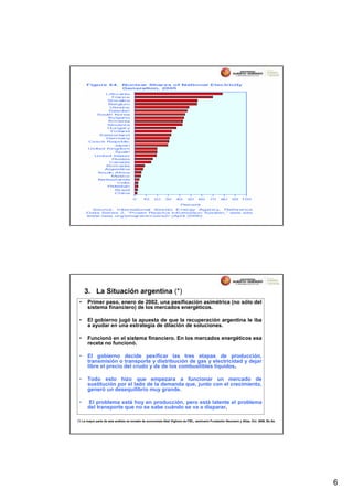 3. La Situación argentina (*)
 •    Primer paso, enero de 2002, una pesificación asimétrica (no sólo del
      sistema financiero) de los mercados energéticos.

 •    El gobierno jugó la apuesta de que la recuperación argentina le iba
      a ayudar en una estrategia de dilación de soluciones.

 •    Funcionó en el sistema financiero. En los mercados energéticos esa
      receta no funcionó.

 •    El gobierno decide pesificar las tres etapas de producción,
      transmisión o transporte y distribución de gas y electricidad y dejar
      libre el precio del crudo y de de los combustibles líquidos.

 •    Todo esto hizo que empezara a funcionar un mercado de
      sustitución por el lado de la demanda que, junto con el crecimiento,
      generó un desequilibrio muy grande.

 •    El problema está hoy en producción, pero está latente el problema
      del transporte que no se sabe cuándo se va a disparar.

(*) La mayor parte de este análisis es tomado de economista Abel Viglione de FIEL, seminario Fundación Neumann y Atlas, Oct. 2006, Bs.As.




                                                                                                                                            6
 