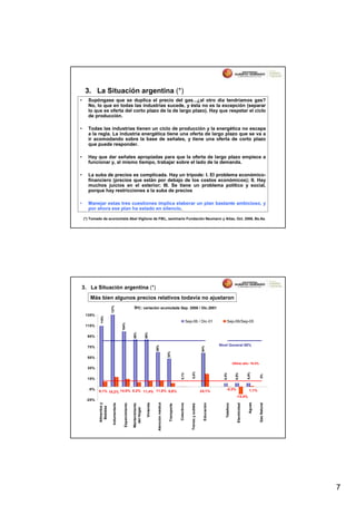 3. La Situación argentina (*)
•     Supóngase que se duplica el precio del gas...¿al otro día tendríamos gas?
      No, lo que en todas las industrias sucede, y ésta no es la excepción (separar
      lo que es oferta del corto plazo de la de largo plazo). Hay que respetar el ciclo
      de producción.

•     Todas las industrias tienen un ciclo de producción y la energética no escapa
      a la regla. La industria energética tiene una oferta de largo plazo que se va a
      ir acomodando sobre la base de señales, y tiene una oferta de corto plazo
      que puede responder.

•     Hay que dar señales apropiadas para que la oferta de largo plazo empiece a
      funcionar y, al mismo tiempo, trabajar sobre el lado de la demanda.

•     La suba de precios es complicada. Hay un trípode: I. El problema económico-
      financiero (precios que están por debajo de los costos económicos); II. Hay
      muchos juicios en el exterior; III. Se tiene un problema político y social,
      porque hay restricciones a la suba de precios

•     Manejar estas tres cuestiones implica elaborar un plan bastante ambicioso, y
      por ahora ese plan ha estado en silencio.

    (*) Tomado de economista Abel Viglione de FIEL, seminario Fundación Neumann y Atlas, Oct. 2006, Bs.As.




3. La Situación argentina (*)
       Más bien algunos precios relativos todavía no ajustaron
                          137%




                                                             IPC: variación acumulada Sep. 2006 / Dic.2001
     135%
             115%




                                                                                                                                      Sep-06 / Dic-01                         Sep-06/Sep-05
                                          104%




     115%
                                                            89%


                                                                            89%




      95%

                                                                                                                                                                        Nivel General 86%
                                                                                        65%




      75%
                                                                                                                                                           64%
                                                                                                           53%




      55%
                                                                                                                                                                                       Ultimo año: 10.4%
      35%
                                                                                                                                          0,0%




                                                                                                                                                                                                          6,9%
                                                                                                                          0,1%




                                                                                                                                                                          6,5%


                                                                                                                                                                                         6,9%




                                                                                                                                                                                                                   0%




      15%


      -5%                                                                                                                                                                    -0,3%                          1,1%
            9,1% 18,2% 14,5% 8,2% 11,4% 11,5% 6,6%                                                                                                         24,1%
                                                                                                                                                                                          -14,4%
     -25%
            Alimentos y




                                                                                         Atención médica




                                                                                                                                                                                                           Aguas


                                                                                                                                                                                                                   Gas Natural
                                                                             Vivienda




                                                                                                                         Colectivos




                                                                                                                                                            Educación
                                            Esparcimiento




                                                                                                                                                                            Telefono


                                                                                                                                                                                           Electricidad
                           Indumentaria




                                                            Mantenimiento




                                                                                                                                         Trenes y subtes
                                                                                                            Transporte
             Bebidas




                                                              del Hogar




                                                                                                                                                                                                                                 7
 