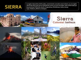 La región interandina del Ecuador, comúnmente conocida como la Sierra, es una región
natural de dicho país que se extiende de norte a sur por los Andes. Está conformada por
las provincias Pichincha, Carchi,Tungurahua, Chimborazo, Cañar, Azuay,
Loja, Imbabura, Bolívar y Cotopaxi.