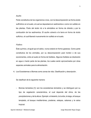 5
Aporte Individual – Módulo Ecología Jorge Alexander Rojas Vargas
Azufre
Parte constitutiva de los organismos vivos, con la descomposición se forma ácido
sulfhídrico en el suelo, el cual se depositará en sedimentos o como ion sulfato en
las plantas. Parte del ácido irá a la atmósfera en forma de dióxido y por la
combustión de los sedimentos. El azufre volverá a la tierra en forma de ácido
sulfúrico, el cual liberará nuevamente ion sulfato en el suelo.
Fósforo
Éste químico, al igual que el calcio, nunca estará en forma gaseosa. Como parte
constitutiva de los animales, por su descomposición post morten o de sus
excrementos, entra al suelo en forma de fosfatos. Algunos fosfatos se disolverán
en agua o harán parte de las plantas, los cuales serán aprovechados por otras
especies animales para la alimentación.
4. Los Ecosistemas o Biomas como zonas de vida. Clasificación y descripción.
Se clasifican de la siguiente manera:
- Biomas terrestres [1]: son los ecosistemas terrestres y se distinguen por su
tipo de vegetación característica, el cual depende del clima, de las
precipitaciones y de la altura. Ejemplo: el desierto, la tundra, la taiga, el bosque
templado, el bosque mediterráneo, praderas, estepas, sabanas y la selva
tropical.
 