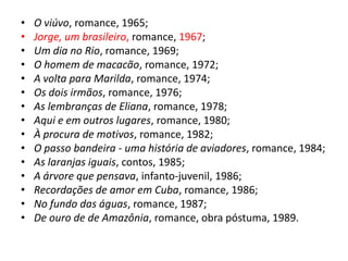 •   O viúvo, romance, 1965;
•   Jorge, um brasileiro, romance, 1967;
•   Um dia no Rio, romance, 1969;
•   O homem de macacão, romance, 1972;
•   A volta para Marilda, romance, 1974;
•   Os dois irmãos, romance, 1976;
•   As lembranças de Eliana, romance, 1978;
•   Aqui e em outros lugares, romance, 1980;
•   À procura de motivos, romance, 1982;
•   O passo bandeira - uma história de aviadores, romance, 1984;
•   As laranjas iguais, contos, 1985;
•   A árvore que pensava, infanto-juvenil, 1986;
•   Recordações de amor em Cuba, romance, 1986;
•   No fundo das águas, romance, 1987;
•   De ouro de de Amazônia, romance, obra póstuma, 1989.
 