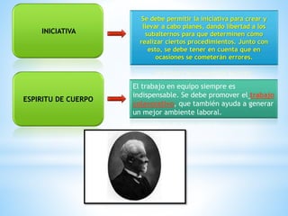 INICIATIVA
ESPIRITU DE CUERPO
Se debe permitir la iniciativa para crear y
llevar a cabo planes, dando libertad a los
subalternos para que determinen cómo
realizar ciertos procedimientos. Junto con
esto, se debe tener en cuenta que en
ocasiones se cometerán errores.
El trabajo en equipo siempre es
indispensable. Se debe promover el trabajo
colavorativo, que también ayuda a generar
un mejor ambiente laboral.
 