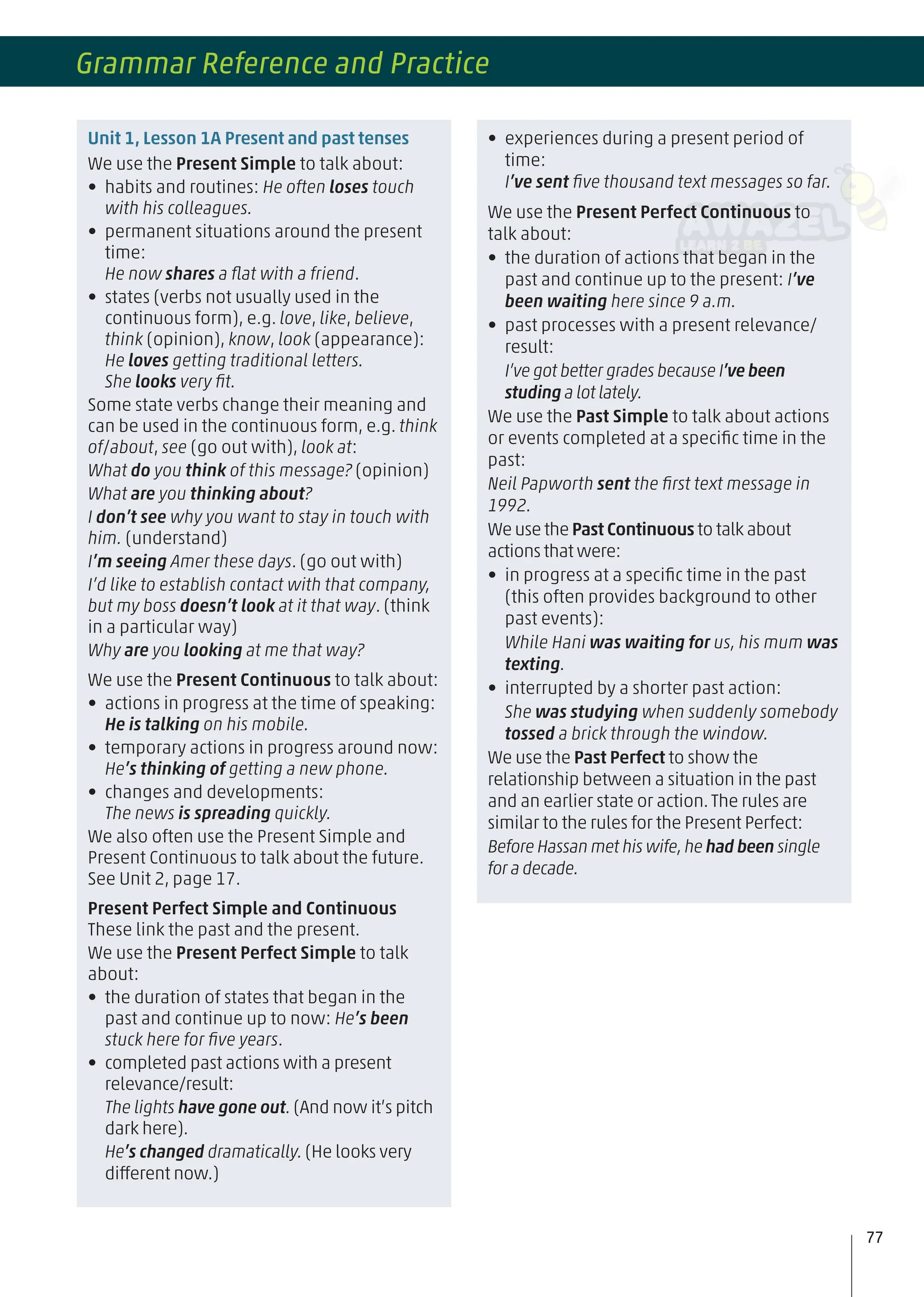Unit 1, Lesson 1A Present and past tenses
We use the Present Simple to talk about:
• habits and routines: He often loses touch
with his colleagues.
• permanent situations around the present
time:
He now shares a ﬂat with a friend.
• states (verbs not usually used in the
continuous form), e.g. love, like, believe,
think (opinion), know, look (appearance):
He loves getting traditional letters.
She looks very ﬁt.
Some state verbs change their meaning and
can be used in the continuous form, e.g. think
of/about, see (go out with), look at:
What do you think of this message? (opinion)
What are you thinking about?
I don’t see why you want to stay in touch with
him. (understand)
I’m seeing Amer these days. (go out with)
I’d like to establish contact with that company,
but my boss doesn’t look at it that way. (think
in a particular way)
Why are you looking at me that way?
We use the Present Continuous to talk about:
• actions in progress at the time of speaking:
He is talking on his mobile.
• temporary actions in progress around now:
He’s thinking of getting a new phone.
• changes and developments:
The news is spreading quickly.
We also often use the Present Simple and
Present Continuous to talk about the future.
See Unit 2, page 17.
Present Perfect Simple and Continuous
These link the past and the present.
We use the Present Perfect Simple to talk
about:
• the duration of states that began in the
past and continue up to now: He’s been
stuck here for ﬁve years.
• completed past actions with a present
relevance/result:
The lights have gone out. (And now it’s pitch
dark here).
He’s changed dramatically. (He looks very
different now.)
• experiences during a present period of
time:
I’ve sent ﬁve thousand text messages so far.
We use the Present Perfect Continuous to
talk about:
• the duration of actions that began in the
past and continue up to the present: I’ve
been waiting here since 9 a.m.
• past processes with a present relevance/
result:
I’ve got better grades because I’ve been
studing a lot lately.
We use the Past Simple to talk about actions
or events completed at a speciﬁc time in the
past:
Neil Papworth sent the ﬁrst text message in
1992.
We use the Past Continuous to talk about
actions that were:
• in progress at a speciﬁc time in the past
(this often provides background to other
past events):
While Hani was waiting for us, his mum was
texting.
• interrupted by a shorter past action:
She was studying when suddenly somebody
tossed a brick through the window.
We use the Past Perfect to show the
relationship between a situation in the past
and an earlier state or action.The rules are
similar to the rules for the Present Perfect:
Before Hassan met his wife,he had been single
for a decade.
77
Grammar Reference and Practice
 