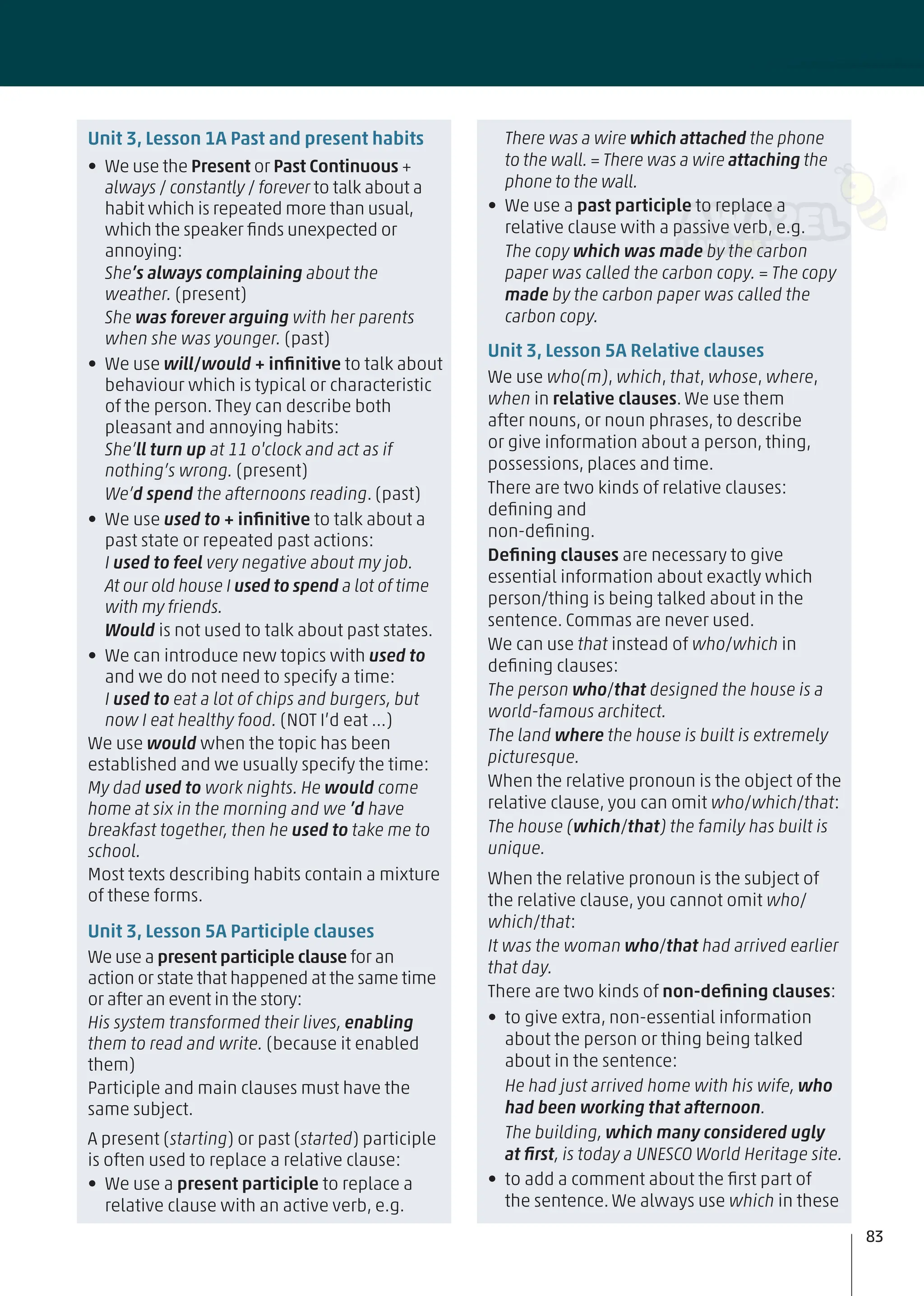Unit 3, Lesson 1A Past and present habits
• We use the Present or Past Continuous +
always / constantly / forever to talk about a
habit which is repeated more than usual,
which the speaker ﬁnds unexpected or
annoying:
She’s always complaining about the
weather. (present)
She was forever arguing with her parents
when she was younger. (past)
• We use will/would + inﬁnitive to talk about
behaviour which is typical or characteristic
of the person. They can describe both
pleasant and annoying habits:
She’ll turn up at 11 o'clock and act as if
nothing’s wrong. (present)
We’d spend the afternoons reading. (past)
• We use used to + inﬁnitive to talk about a
past state or repeated past actions:
I used to feel very negative about my job.
At our old house I used to spend a lot of time
with my friends.
Would is not used to talk about past states.
• We can introduce new topics with used to
and we do not need to specify a time:
I used to eat a lot of chips and burgers, but
now I eat healthy food. (NOT I’d eat …)
We use would when the topic has been
established and we usually specify the time:
My dad used to work nights. He would come
home at six in the morning and we ’d have
breakfast together, then he used to take me to
school.
Most texts describing habits contain a mixture
of these forms.
Unit 3, Lesson 5A Participle clauses
We use a present participle clause for an
action or state that happened at the same time
or after an event in the story:
His system transformed their lives, enabling
them to read and write. (because it enabled
them)
Participle and main clauses must have the
same subject.
A present (starting) or past (started) participle
is often used to replace a relative clause:
• We use a present participle to replace a
relative clause with an active verb, e.g.
There was a wire which attached the phone
to the wall. = There was a wire attaching the
phone to the wall.
• We use a past participle to replace a
relative clause with a passive verb, e.g.
The copy which was made by the carbon
paper was called the carbon copy. = The copy
made by the carbon paper was called the
carbon copy.
Unit 3, Lesson 5A Relative clauses
We use who(m), which, that, whose, where,
when in relative clauses. We use them
after nouns, or noun phrases, to describe
or give information about a person, thing,
possessions, places and time.
There are two kinds of relative clauses:
deﬁning and
non-deﬁning.
Deﬁning clauses are necessary to give
essential information about exactly which
person/thing is being talked about in the
sentence. Commas are never used.
We can use that instead of who/which in
deﬁning clauses:
The person who/that designed the house is a
world-famous architect.
The land where the house is built is extremely
picturesque.
When the relative pronoun is the object of the
relative clause, you can omit who/which/that:
The house (which/that) the family has built is
unique.
When the relative pronoun is the subject of
the relative clause, you cannot omit who/
which/that:
It was the woman who/that had arrived earlier
that day.
There are two kinds of non-deﬁning clauses:
• to give extra, non-essential information
about the person or thing being talked
about in the sentence:
He had just arrived home with his wife, who
had been working that afternoon.
The building, which many considered ugly
at ﬁrst, is today a UNESCO World Heritage site.
• to add a comment about the ﬁrst part of
the sentence. We always use which in these
83
 