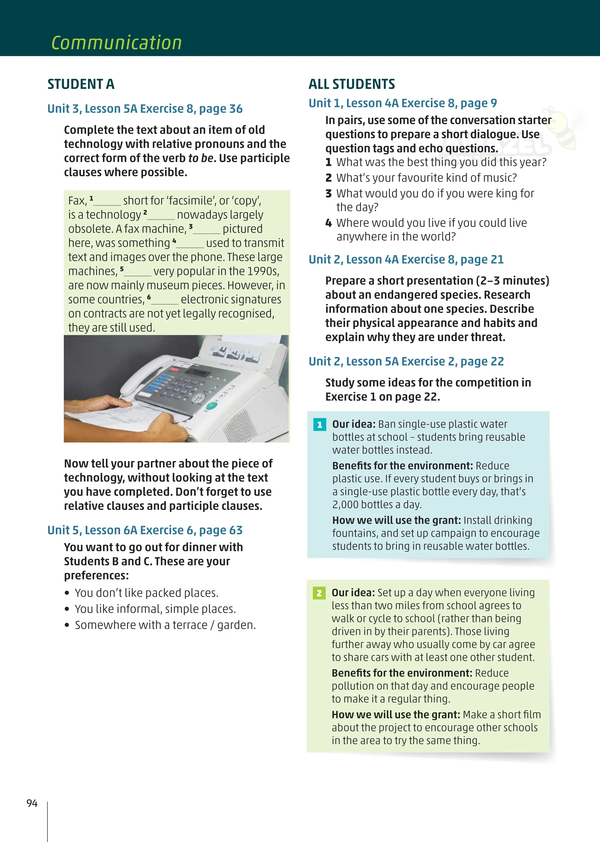 ALL STUDENTS
Unit 1, Lesson 4A Exercise 8, page 9
In pairs, use some of the conversation starter
questions to prepare a short dialogue. Use
question tags and echo questions.
1 What was the best thing you did this year?
2 What’s your favourite kind of music?
3 What would you do if you were king for
the day?
4 Where would you live if you could live
anywhere in the world?
Unit 2, Lesson 4A Exercise 8, page 21
Prepare a short presentation (2−3 minutes)
about an endangered species. Research
information about one species. Describe
their physical appearance and habits and
explain why they are under threat.
Unit 2, Lesson 5A Exercise 2, page 22
Study some ideas for the competition in
Exercise 1 on page 22.
Our idea: Ban single-use plastic water
bottles at school – students bring reusable
water bottles instead.
Beneﬁts for the environment: Reduce
plastic use. If every student buys or brings in
a single-use plastic bottle every day, that’s
2,000 bottles a day.
How we will use the grant: Install drinking
fountains, and set up campaign to encourage
students to bring in reusable water bottles.
1
Our idea: Set up a day when everyone living
less than two miles from school agrees to
walk or cycle to school (rather than being
driven in by their parents). Those living
further away who usually come by car agree
to share cars with at least one other student.
Beneﬁts for the environment: Reduce
pollution on that day and encourage people
to make it a regular thing.
How we will use the grant: Make a short ﬁlm
about the project to encourage other schools
in the area to try the same thing.
2
94
STUDENT A
Unit 3, Lesson 5A Exercise 8, page 36
Complete the text about an item of old
technology with relative pronouns and the
correct form of the verb to be. Use participle
clauses where possible.
Fax,1
short for ‘facsimile’,or ‘copy’,
is a technology 2
nowadays largely
obsolete.A fax machine,3
pictured
here,was something 4
used to transmit
text and images over the phone.These large
machines,5
very popular in the 1990s,
are now mainly museum pieces.However,in
some countries,6
electronic signatures
on contracts are not yet legally recognised,
they are still used.
Now tell your partner about the piece of
technology, without looking at the text
you have completed. Don’t forget to use
relative clauses and participle clauses.
Unit 5, Lesson 6A Exercise 6, page 63
You want to go out for dinner with
Students B and C. These are your
preferences:
• You don’t like packed places.
• You like informal, simple places.
• Somewhere with a terrace / garden.
Communication
 