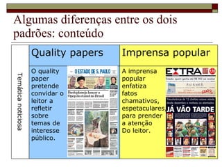 Algumas diferenças entre os dois padrões: conteúdo Temática noticiosa Quality papers Imprensa popular O quality  paper   pretende  convidar o  leitor a  refletir  sobre  temas de  interesse  público. A imprensa  popular  enfatiza  fatos  chamativos,  espetaculares,  para prender  a atenção Do leitor. 