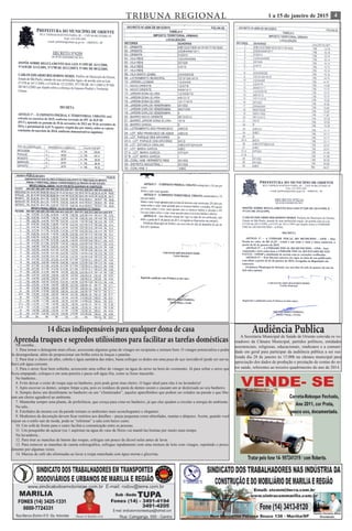 41 a 15 de janeiro de 2015TRIBUNA REGIONAL
Audiência PublicaA Secretaria Municipal de Saúde de Oriente convida os ve-
readores da Câmara Municipal, partidos políticos, entidades
assistenciais, religiosas, educacionais, sindicatos e a comuni-
dade em geral para participar da audiência pública a ser rea-
lizada dia 28 de janeiro às 15:00h na câmara municipal para
apreciação dos dados de produção e prestação de contas do se-
tor saúde, referentes ao terceiro quadrimestre do ano de 2014.
14 dicas indispensáveis para qualquer dona de casa
Aprenda truques e segredos utilíssimos para facilitar as tarefas domésticasNa cozinha...
1. Para tornar o detergente mais eficaz, acrescente algumas gotas de vinagre no recipiente e misture bem. O vinagre potencializa o poder
de desengordurar, além de proporcionar um brilho extra às louças e panelas.
2. Para tirar o cheiro de alho, cebola e água sanitária das mãos, basta esfregar os dedos em uma peça de aço inoxidável (pode ser um ta-
lher) sob água corrente.
3. Para o arroz ficar bem soltinho, acrescente uma colher de vinagre na água do arroz na hora do cozimento. Já para soltar o arroz que
ficou empapado, coloque-o em uma peneira e passe sob água fria, como se fosse macarrão.
No banheiro...
4. Evite deixar o cesto de roupa suja no banheiro, pois pode gerar mau cheiro. O lugar ideal para elas é na lavanderia!
5. Após escovar os dentes, sempre limpe a pia, pois os resíduos de pasta de dentes secam e causam um ar desleixado ao seu banheiro.
6. Sempre deixe um desinfetante no banheiro ou um “climatizador”, aqueles aparelhinhos que podem ser colados na parede e que libe-
ram um cheiro agradável ao ambiente.
7. Mantenha sempre uma planta, de preferência, que cresça para cima no banheiro, já que elas ajudam a circular a energia do ambiente.
Na sala...
8. Estofados da mesma cor da parede tornam os ambientes mais aconchegantes e elegantes.
9. Modismos de decoração devem ficar restritos aos detalhes – peças pequenas como almofadas, mantas e abajures. Assim, quando você
enjoar ou o estilo sair de moda, pode-se “reformar” a sala com baixo custo.
10. Um sofá de frente para o outro facilita a comunicação entre as pessoas.
11. Um pouquinho de açúcar (ou 1 aspirina) na água do vaso de flores vai mantê-las bonitas por muito mais tempo.
Na lavanderia...
12. Para tirar as manchas de batom das roupas, esfregue um pouco de álcool nelas antes de lavar.
13. Para remover as manchas de caneta esferográfica, esfregue rapidamente com uma mistura de leite com vinagre, repetindo o proce-
dimento por algumas vezes.
14. Marcas de café são eliminadas ao lavar a roupa manchada com água morna e glicerina.
 