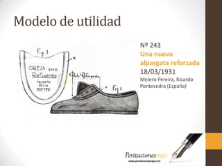 Modelo de utilidad
Nº 243
Una nueva
alpargata reforzada
18/03/1931
Melero Pereira, Ricardo
Pontevedra (España)
 