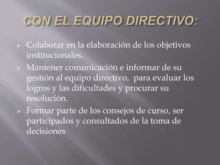  Colaborar en la elaboración de los objetivos
institucionales.
 Mantener comunicación e informar de su
gestión al equipo directivo, para evaluar los
logros y las dificultades y procurar su
resolución.
 Formar parte de los consejos de curso, ser
participados y consultados de la toma de
decisiones
 