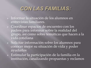 Informar la situación de los alumnos en
entrevistas familiares.
 Coordinar espacios de encuentro con los
padres para informar sobre la realidad del
grupo, así como sobre temáticas que hacen a la
vida cotidiana
 Solicitar información sobre los alumnos para
conocer mejor su situación de vida y poder
ayudarlos
 Estimular la participación de la familia en la
institución, canalizando propuestas y reclamos
 