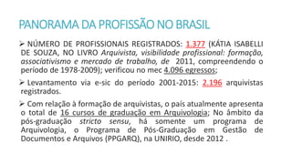 PANORAMA DA PROFISSÃONOBRASIL
 NÚMERO DE PROFISSIONAIS REGISTRADOS: 1.377 (KÁTIA ISABELLI
DE SOUZA, NO LIVRO Arquivista, visibilidade profissional: formação,
associativismo e mercado de trabalho, de 2011, compreendendo o
período de 1978-2009); verificou no mec 4.096 egressos;
 Levantamento via e-sic do período 2001-2015: 2.196 arquivistas
registrados.
 Com relação à formação de arquivistas, o país atualmente apresenta
o total de 16 cursos de graduação em Arquivologia; No âmbito da
pós-graduação stricto sensu, há somente um programa de
Arquivologia, o Programa de Pós-Graduação em Gestão de
Documentos e Arquivos (PPGARQ), na UNIRIO, desde 2012 .
 