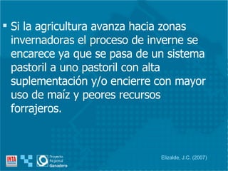 Si la agricultura avanza hacia zonas invernadoras el proceso de inverne se encarece ya que se pasa de un sistema pastoril a uno pastoril con alta suplementación y/o encierre con mayor uso de maíz y peores recursos forrajeros. Elizalde, J.C. (2007) 