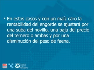 En estos casos y con un maíz caro la rentabilidad del engorde se ajustará por una suba del novillo, una baja del precio del ternero o ambas y por una disminución del peso de faena.  