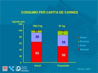 50 35 11 1.0 Proyectado 97 kg 0 20 40 60 80 100 120 Ovina Porcina Aviar Vacuna 65 28 6,4 0,9 Actual 100,3 kg Kg/hab./año CONSUMO PER CAPITA DE CARNES Rearte, 2007 