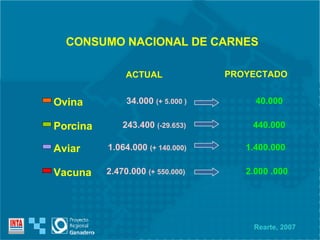 Ovina Porcina Aviar Vacuna 34.000  (+ 5.000 ) 243.400  (-29.653) 1.064.000  (+ 140.000) 2.470.000  (+ 550.000) ACTUAL CONSUMO NACIONAL DE CARNES  Rearte, 2007 40.000 440.000 1.400.000 2.000 .000 PROYECTADO 