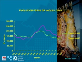 E/06 M/07 A/07 M/07 F/07 E/07 D/06 N/06 O/06 S/06 A/06 J/06 J/06 M/06 A/06 M/06 F/06 EVOLUCION FAENA DE VAQUILLONAS 0 50.000 100.000 150.000 200.000 250.000 300.000 meses Nº cabezas Vaquill. 05/06 Vaquill. 06/07 Rearte, 2007 