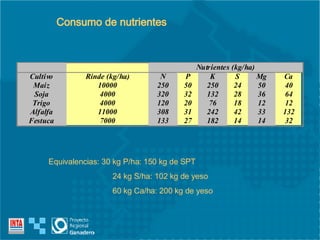 Consumo de nutrientes Equivalencias: 30 kg P/ha: 150 kg de SPT 24 kg S/ha: 102 kg de yeso 60 kg Ca/ha: 200 kg de yeso 