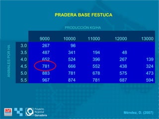 PRADERA BASE FESTUCA ANIMALES POR HA PRODUCCIÓN KG/HA Méndez, D. (2007) 594 687 781 874 967 5.5 473 575 678 781 883 5.0 324 438 552 666 781 4.5 139 267 396 524 652 4.0 48 194 341 487 3.5 96 267 3.0 13000 12000 11000 10000 9000 