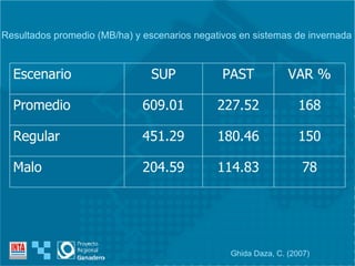 Resultados promedio (MB/ha) y escenarios negativos en sistemas de invernada Ghida Daza, C. (2007) 114.83 180.46 227.52 PAST 78 204.59 Malo 150 451.29 Regular 168 609.01 Promedio VAR % SUP Escenario 