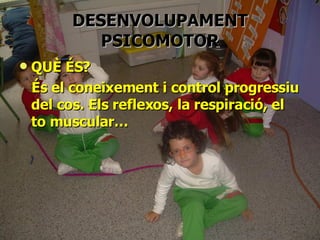 DESENVOLUPAMENT   PSICOMOTOR QUÈ ÉS?  És el coneixement i control progressiu del cos. Els reflexos, la respiració, el to muscular… 