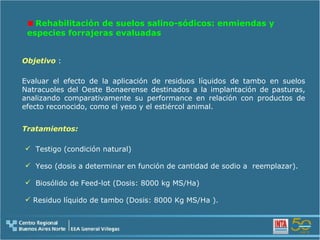 Rehabilitación de suelos salino-sódicos: enmiendas y  especies forrajeras evaluadas  Evaluar el efecto de la aplicación de residuos líquidos de tambo en suelos Natracuoles del Oeste Bonaerense destinados a la implantación de pasturas, analizando comparativamente su performance en relación con productos de efecto reconocido, como el yeso y el estiércol animal. Objetivo   : Tratamientos: Testigo (condición natural) Yeso (dosis a determinar en función de cantidad de sodio a  reemplazar).  Biosólido de Feed-lot (Dosis: 8000 kg MS/Ha) Residuo líquido de tambo (Dosis: 8000 Kg MS/Ha ). 