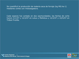 Se cuantificó la producción de materia seca de forraje (kg MS.ha-1) mediante cortes con motosegadora.  Cada especie fue cortada en dos oportunidades; las fechas de corte fueron 5/1/07 y 12/2/07 en Lotus y Melilotus y 12/2/07 y 10/5/07 en Trébol Frutilla.  