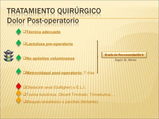 Técnica adecuada Lactulosa pre-operatoria No apósitos voluminosos Metronidazol post-operatorio:  7 días Dilatación anal (Golligher) o E.L.I. Toxina botulínica, Gliceril Trinitrato, Trimebutina… Bloqueo anestésico o parches (fentanilo) Según St. Marks 