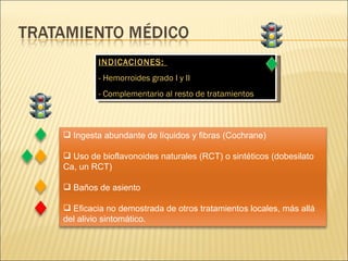 INDICACIONES:  - Hemorroides grado I y II - Complementario al resto de tratamientos Ingesta abundante de líquidos y fibras (Cochrane) Uso de bioflavonoides naturales (RCT) o sintéticos (dobesilato Ca, un RCT) Baños de asiento Eficacia no demostrada de otros tratamientos locales, más allá del alivio sintomático . 