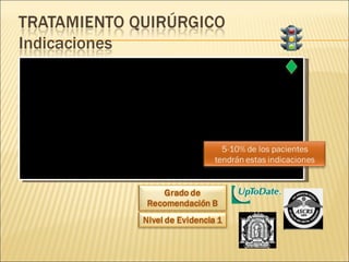 Pacientes con HEMORROIDES SINTOMÁTICAS grado III-IV : Con alteración de la arquitectura ano-rectal (combinación hemorroides externas internas, prolapso significativo) Refractarios a (o no toleran) el tratamiento conservador Enfermedad asociada: fisura, fístula, papilas hipertróficas, repliegues cutáneos extensos… Hemorroides internas trombosadas Preferencia del paciente. 