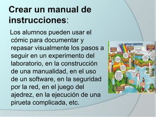 Crear un manual de
instrucciones:
Los alumnos pueden usar el
cómic para documentar y
repasar visualmente los pasos a
seguir en un experimento del
laboratorio, en la construcción
de una manualidad, en el uso
de un software, en la seguridad
por la red, en el juego del
ajedrez, en la ejecución de una
pirueta complicada, etc.

 