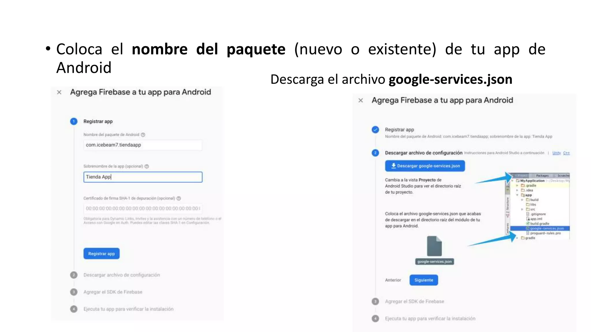 • Coloca el nombre del paquete (nuevo o existente) de tu app de
Android
Descarga el archivo google-services.json
 