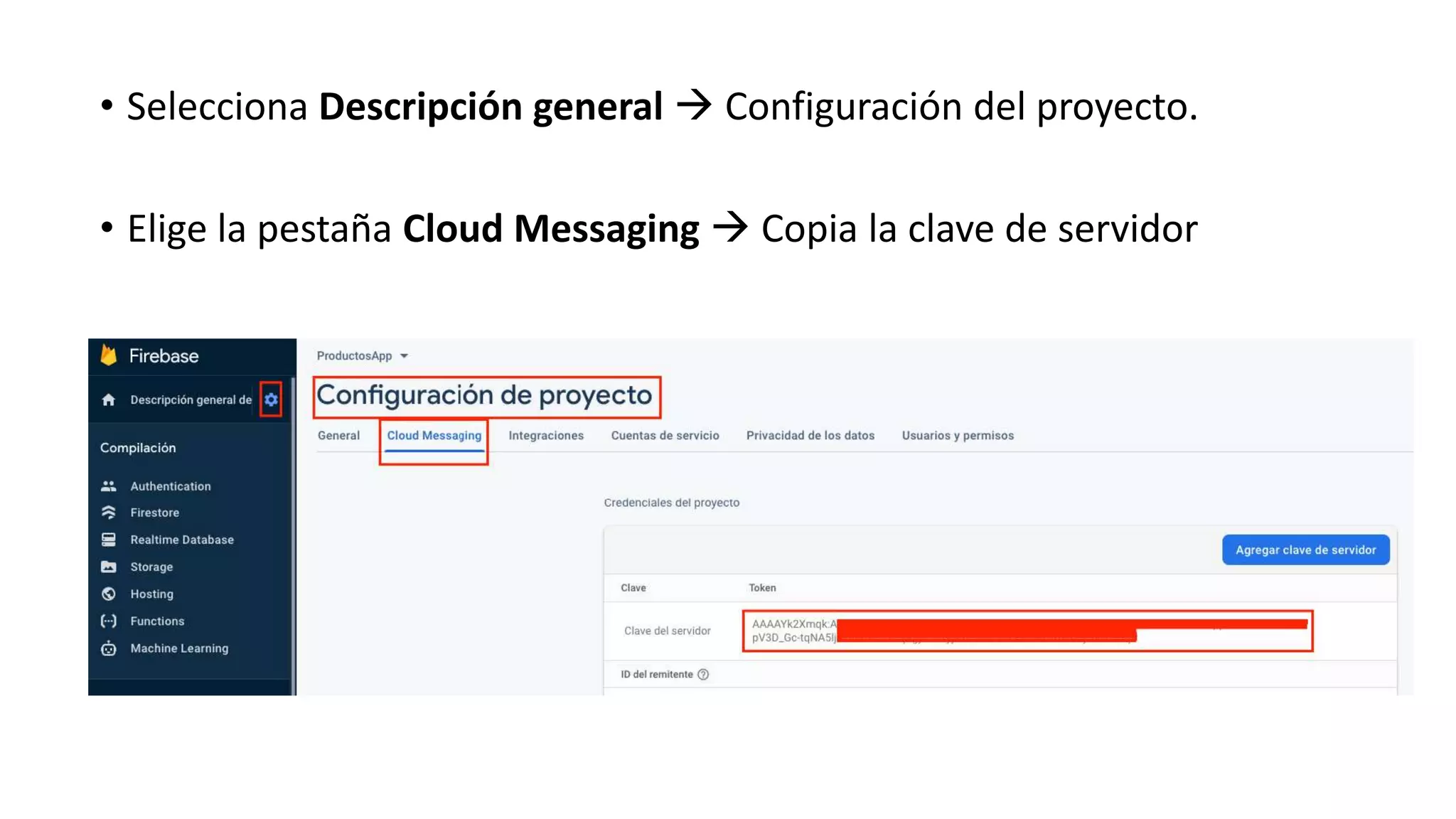 • Selecciona Descripción general  Configuración del proyecto.
• Elige la pestaña Cloud Messaging  Copia la clave de servidor
 